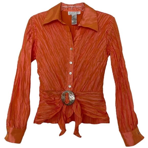 Jackie Jon Formal Blouse Size 4 Vibrant Orange Crinkle Fabric Top Cocktail Party - Picture 1 of 10